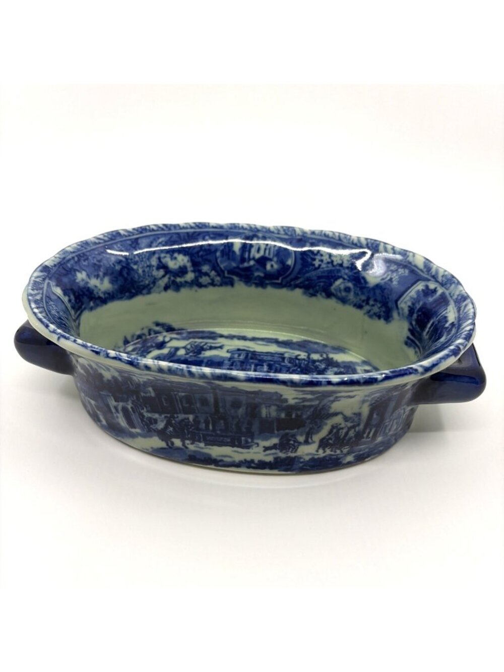 Vintage Victoria Ware Ironstone Blue Transferware Handled Planter Jardiniere